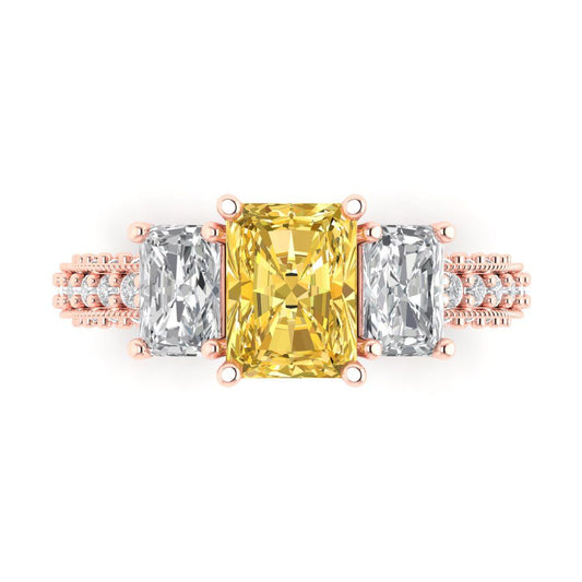 3.61 cttw Natural Citrine Three-Stone Engagement Ring - Solid Rose Gold (VVS1, Emerald Cut,8x6mm)