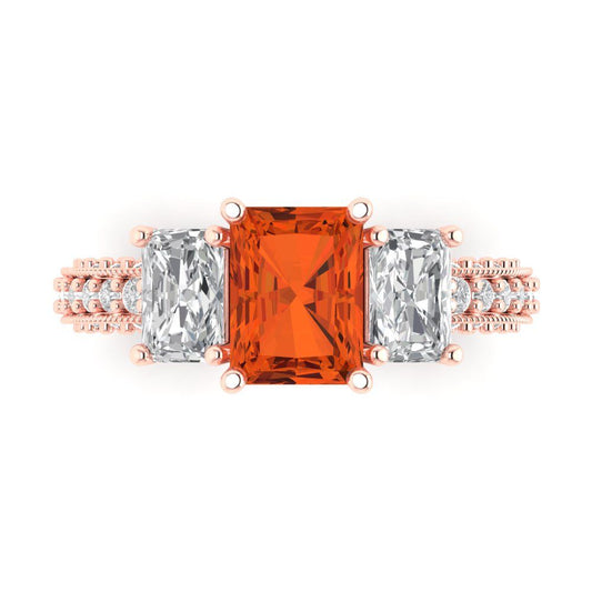 3.61 cttw Zirconia Simulated Red Diamond Three-Stone Engagement Ring - Solid Rose Gold (VVS1, Emerald Cut,8x6mm)