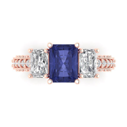 3.61 cttw Simulated Tanzanite Three-Stone Engagement Ring - Solid Gold (Emerald Cut,8x6mm)