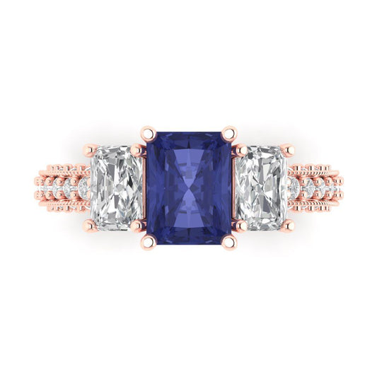 3.61 cttw Simulated Tanzanite Three-Stone Engagement Ring - Solid Rose Gold (VVS1, Emerald Cut,8x6mm)