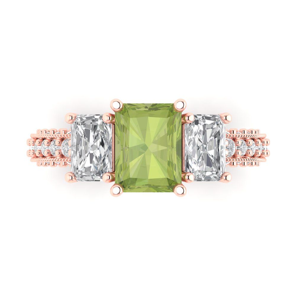 3.61 cttw Natural Peridot Three-Stone Engagement Ring - Solid Gold (Emerald Cut,8x6mm)