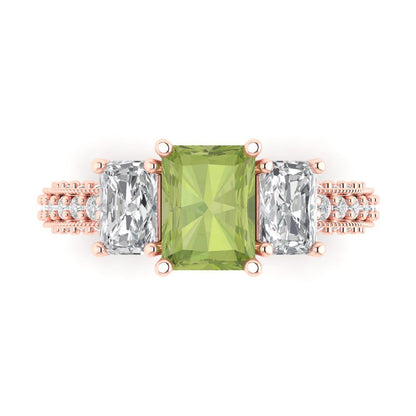 3.61 cttw Natural Peridot Three-Stone Engagement Ring - Solid Gold (Emerald Cut,8x6mm)