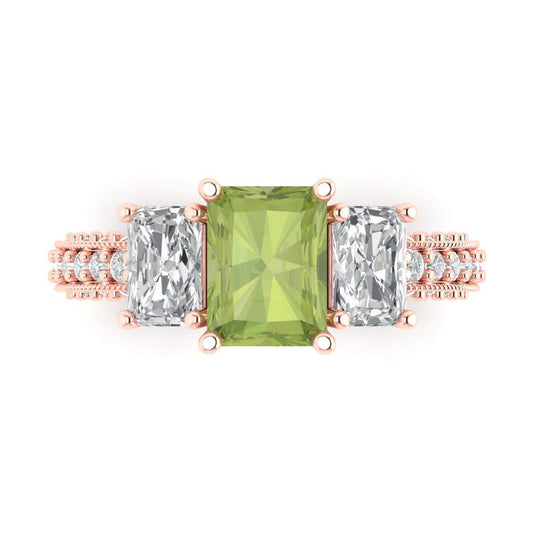 3.61 cttw Natural Peridot Three-Stone Engagement Ring - Solid Rose Gold (VVS1, Emerald Cut,8x6mm)