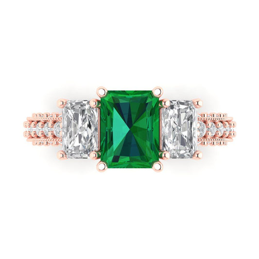 3.61 cttw Simulated Emerald Three-Stone Engagement Ring - Solid Rose Gold (VVS1, Emerald Cut,8x6mm)