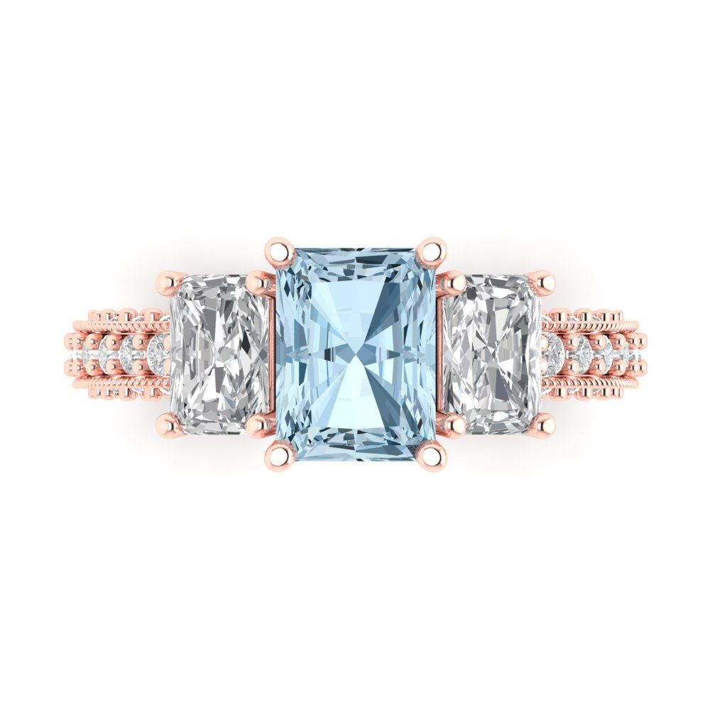 3.61 cttw Natural Aquamarine Three-Stone Engagement Ring - Solid Gold (Emerald Cut,8x6mm)