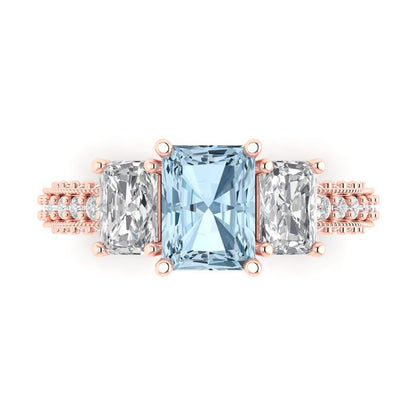 3.61 cttw Natural Aquamarine Three-Stone Engagement Ring - Solid Gold (Emerald Cut,8x6mm)