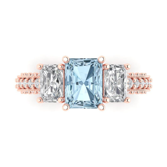 3.61 cttw Natural Aquamarine Three-Stone Engagement Ring - Solid Rose Gold (VVS1, Emerald Cut,8x6mm)