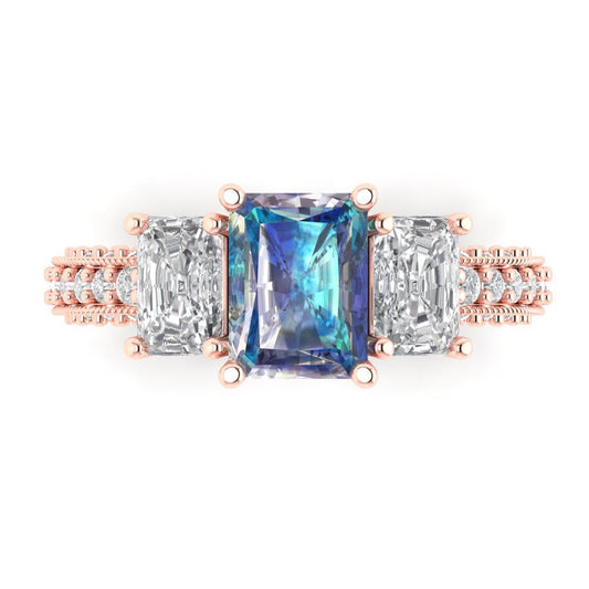 3.61 cttw Blue Moissanite Three-Stone Engagement Ring - Solid Rose Gold (VVS1, Emerald Cut,8x6mm)