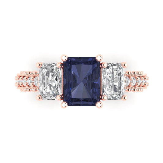 3.61 cttw Simulated Blue Sapphire Three-Stone Engagement Ring - Solid Rose Gold (VVS1, Emerald Cut,8x6mm)