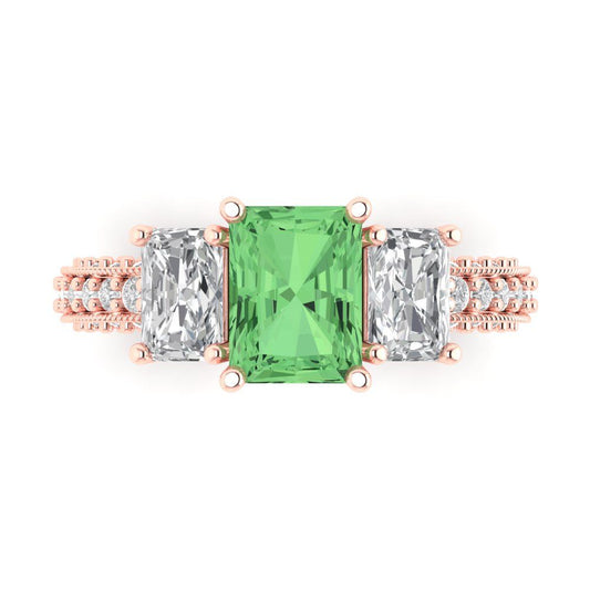 3.61 cttw Zirconia Simulated Green Diamond Three-Stone Engagement Ring - Solid Rose Gold (VVS1, Emerald Cut,8x6mm)