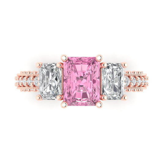 3.61 cttw Zirconia Simulated Pink Diamond Three-Stone Engagement Ring - Solid Rose Gold (VVS1, Emerald Cut,8x6mm)