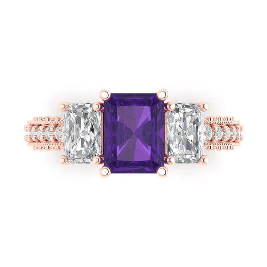 3.61 cttw Natural Amethyst Three-Stone Engagement Ring - Solid Rose Gold (VVS1, Emerald Cut,8x6mm)