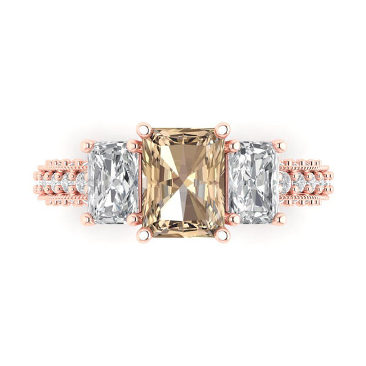 3.61 cttw Yellow Moissanite Three-Stone Engagement Ring - Solid Rose Gold (VVS1, Emerald Cut,8x6mm)