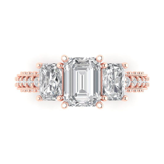 3.61 cttw Zirconia Simulated Diamond Three-Stone Engagement Ring - Solid Rose Gold (VVS1, Emerald Cut,8x6mm)