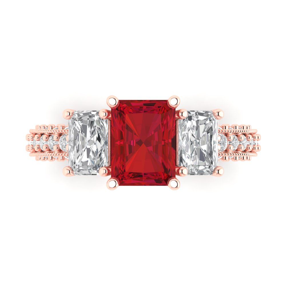 3.61 cttw Simulated Pink Tourmaline Three-Stone Engagement Ring - Solid Gold (Emerald Cut,8x6mm)