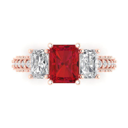 3.61 cttw Simulated Pink Tourmaline Three-Stone Engagement Ring - Solid Gold (Emerald Cut,8x6mm)