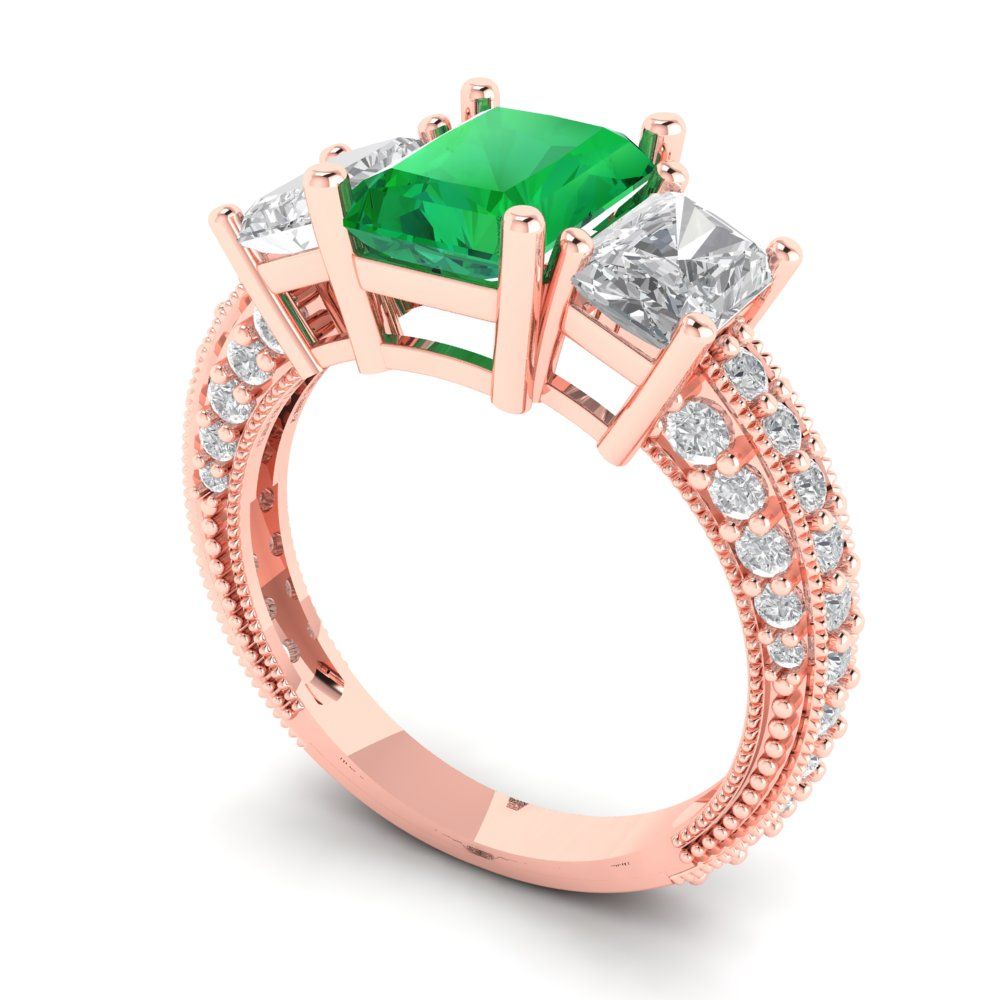 3.61 cttw Simulated Emerald Three-Stone Engagement Ring - Solid Gold (Emerald Cut,8x6mm)
