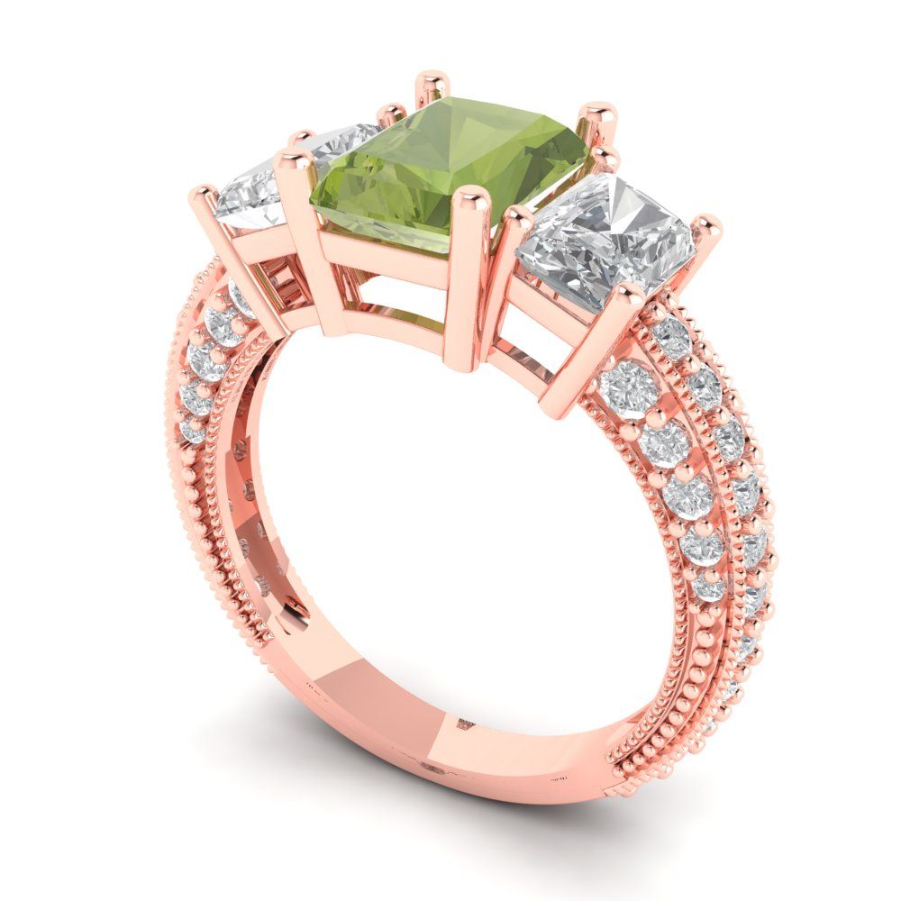 3.61 cttw Natural Peridot Three-Stone Engagement Ring - Solid Gold (Emerald Cut,8x6mm)