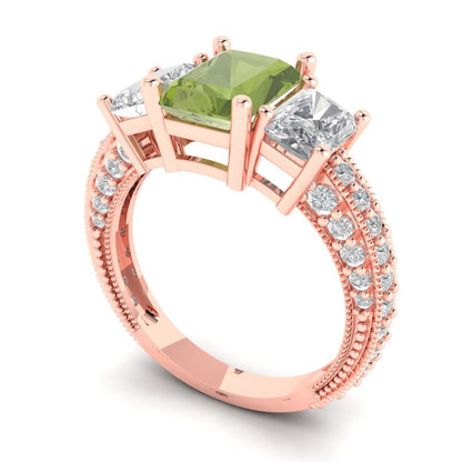 3.61 cttw Natural Peridot Three-Stone Engagement Ring - Solid Gold (Emerald Cut,8x6mm)