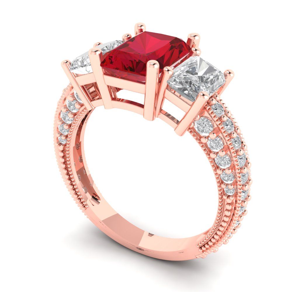 3.61 cttw Simulated Pink Tourmaline Three-Stone Engagement Ring - Solid Gold (Emerald Cut,8x6mm)