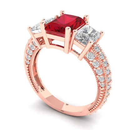 3.61 cttw Simulated Pink Tourmaline Three-Stone Engagement Ring - Solid Gold (Emerald Cut,8x6mm)