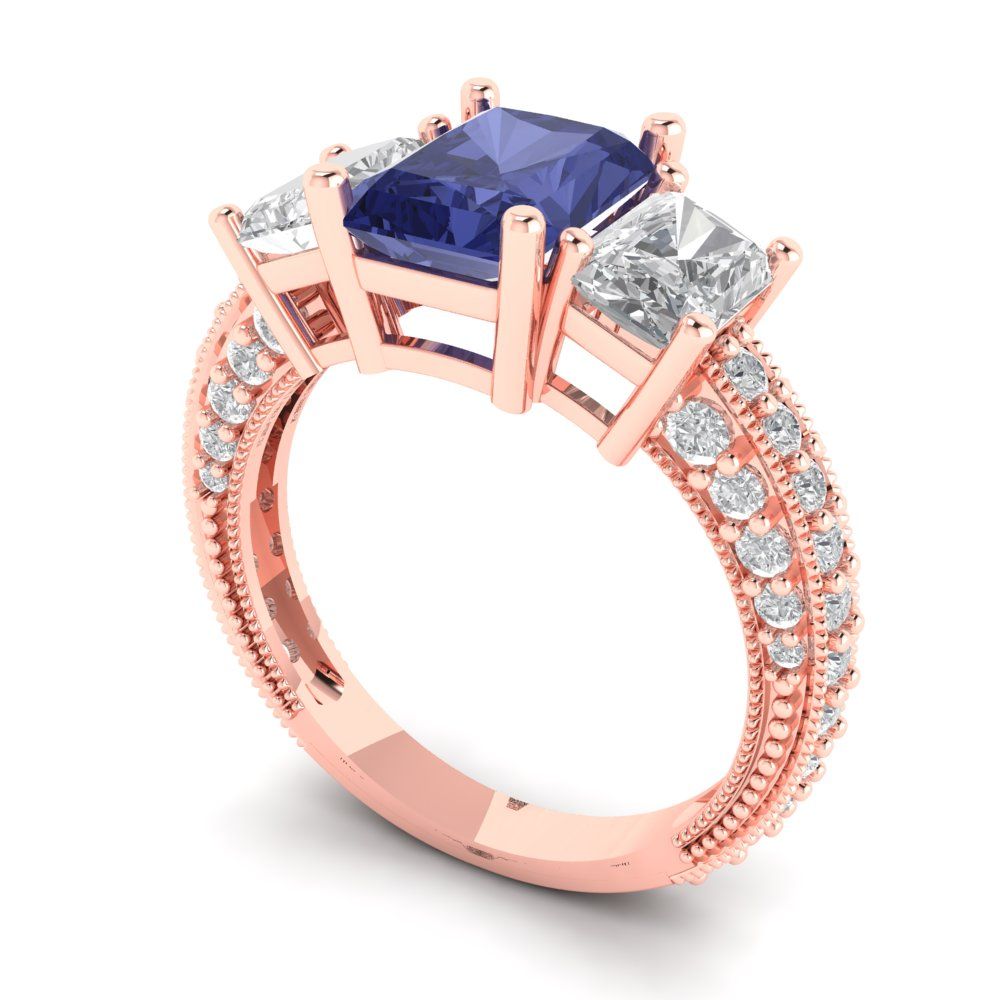 3.61 cttw Simulated Tanzanite Three-Stone Engagement Ring - Solid Gold (Emerald Cut,8x6mm)