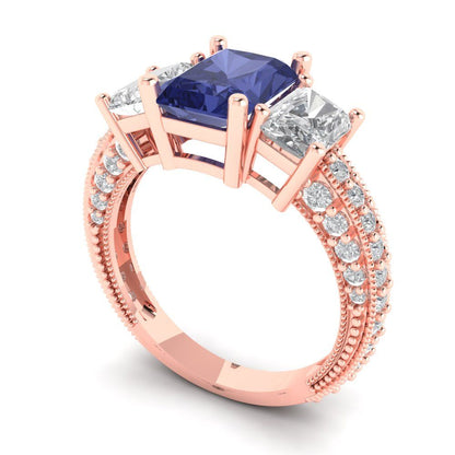 3.61 cttw Simulated Tanzanite Three-Stone Engagement Ring - Solid Gold (Emerald Cut,8x6mm)