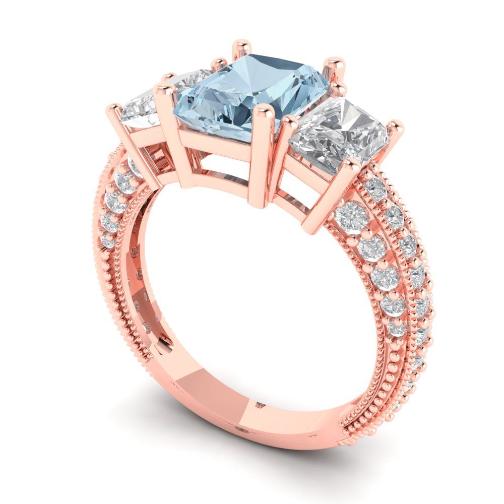 3.61 cttw Natural Swiss Blue Topaz Three-Stone Engagement Ring - Solid Gold (Emerald Cut,8x6mm)