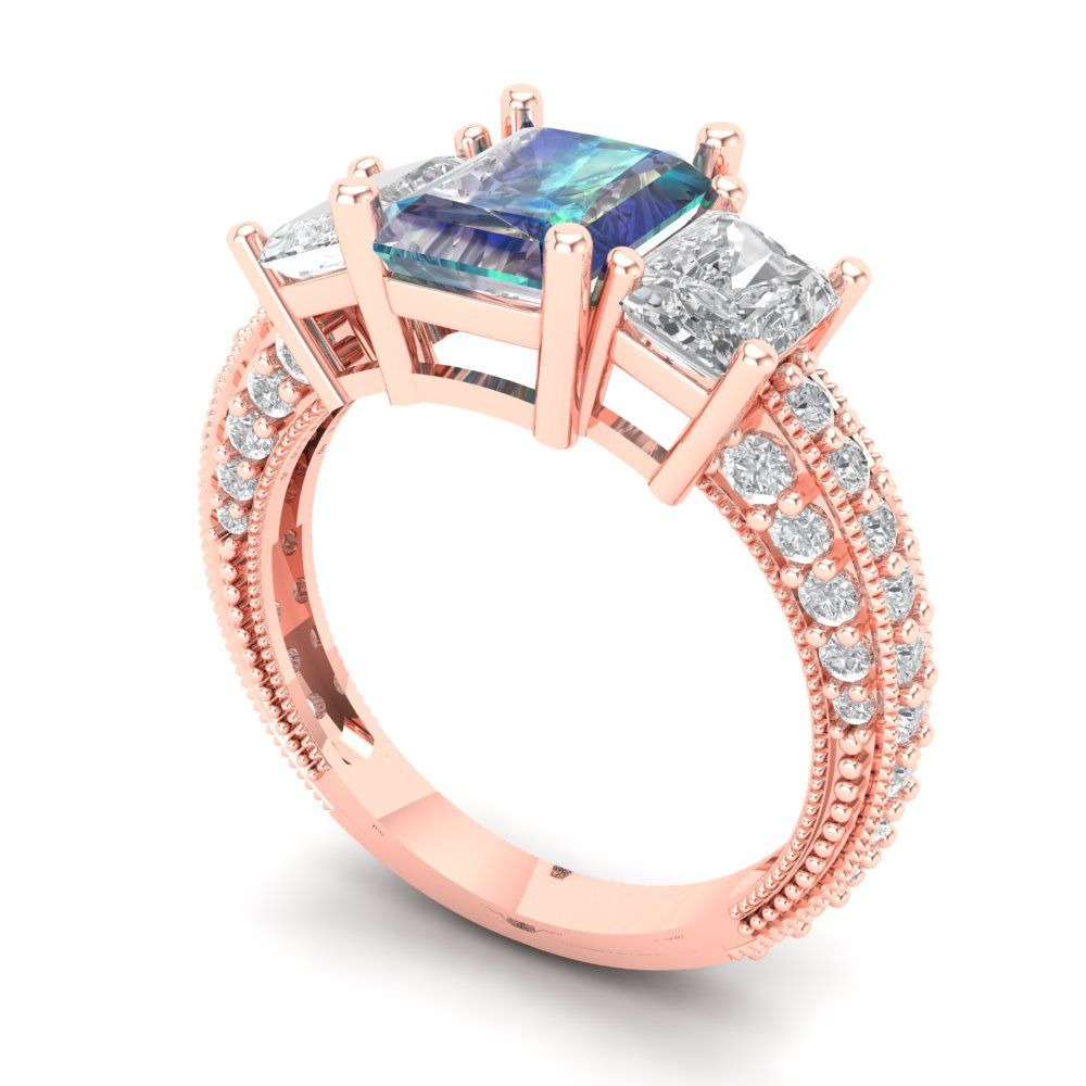 3.61 cttw Blue Moissanite Three-Stone Engagement Ring - Solid Gold (Emerald Cut,8x6mm)