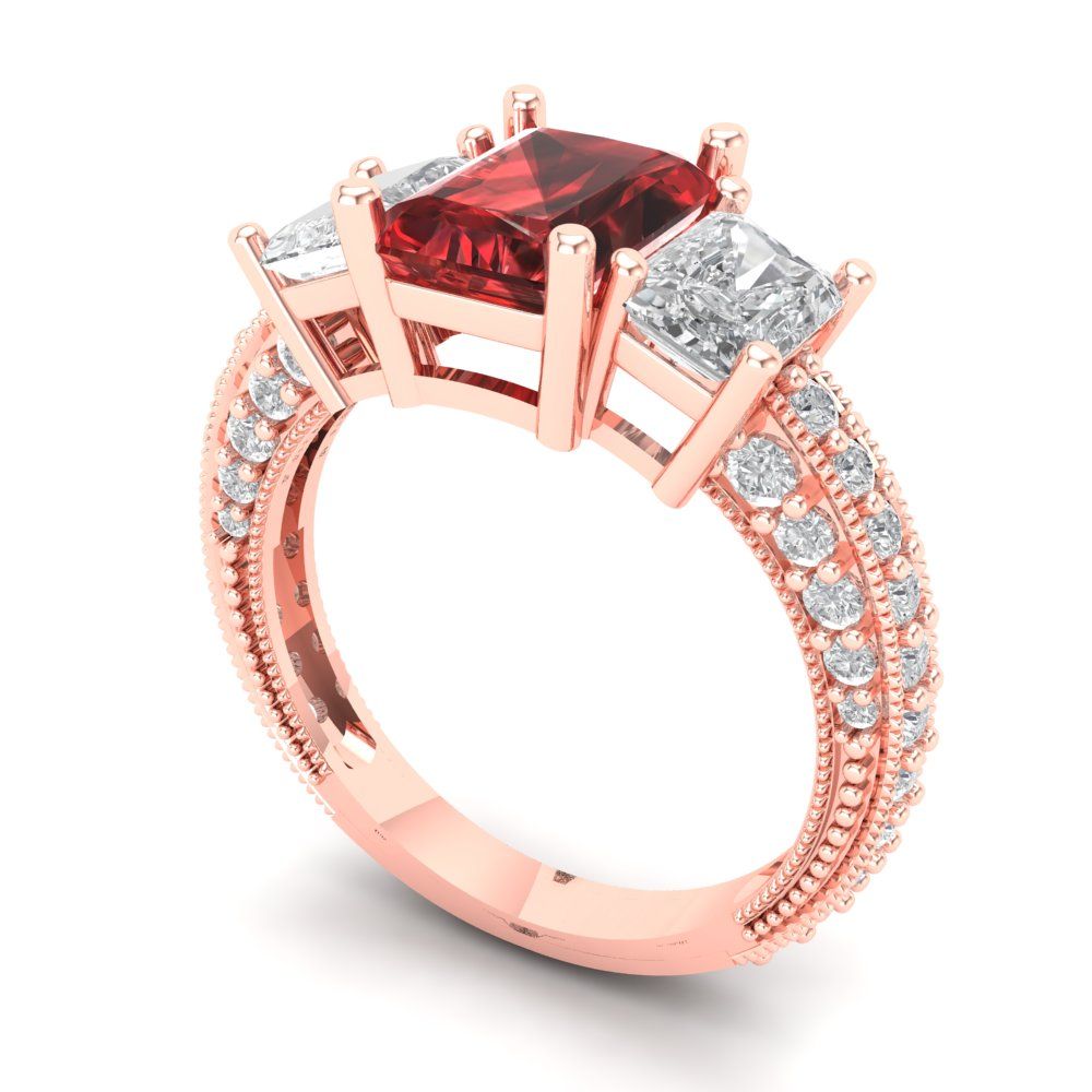 3.61 cttw Natural Garnet Three-Stone Engagement Ring - Solid Gold (Emerald Cut,8x6mm)