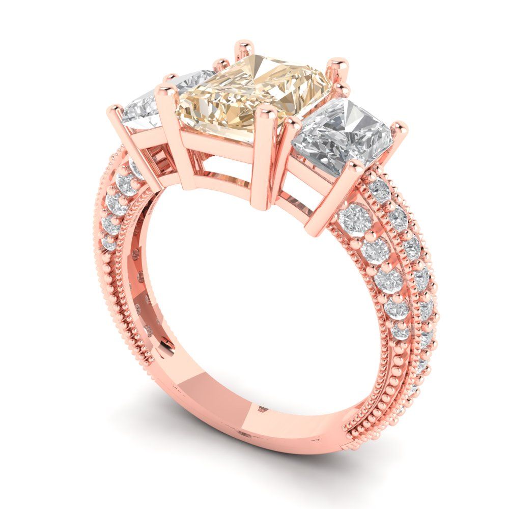 3.61 cttw Natural Morganite Three-Stone Engagement Ring - Solid Gold (Emerald Cut,8x6mm)