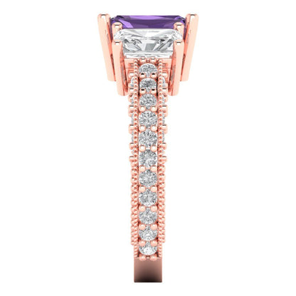 3.61 cttw Simulated Alexandrite Three-Stone Engagement Ring - Solid Gold (Emerald Cut,8x6mm)