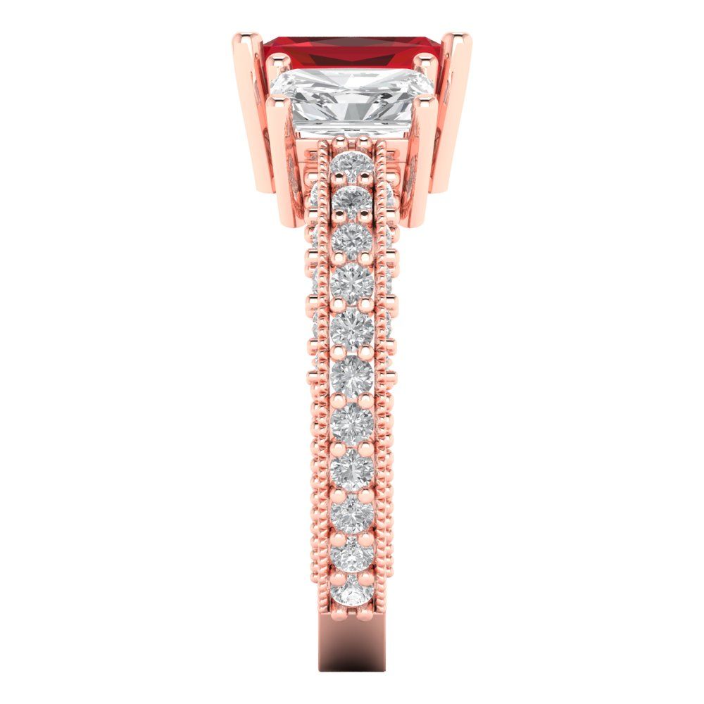 3.61 cttw Simulated Pink Tourmaline Three-Stone Engagement Ring - Solid Gold (Emerald Cut,8x6mm)