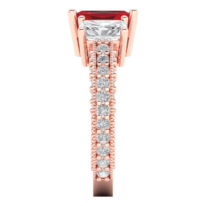 3.61 cttw Simulated Pink Tourmaline Three-Stone Engagement Ring - Solid Gold (Emerald Cut,8x6mm)