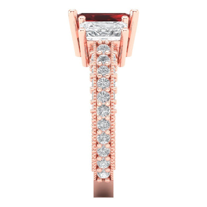 3.61 cttw Natural Garnet Three-Stone Engagement Ring - Solid Gold (Emerald Cut,8x6mm)