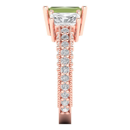 3.61 cttw Natural Peridot Three-Stone Engagement Ring - Solid Gold (Emerald Cut,8x6mm)