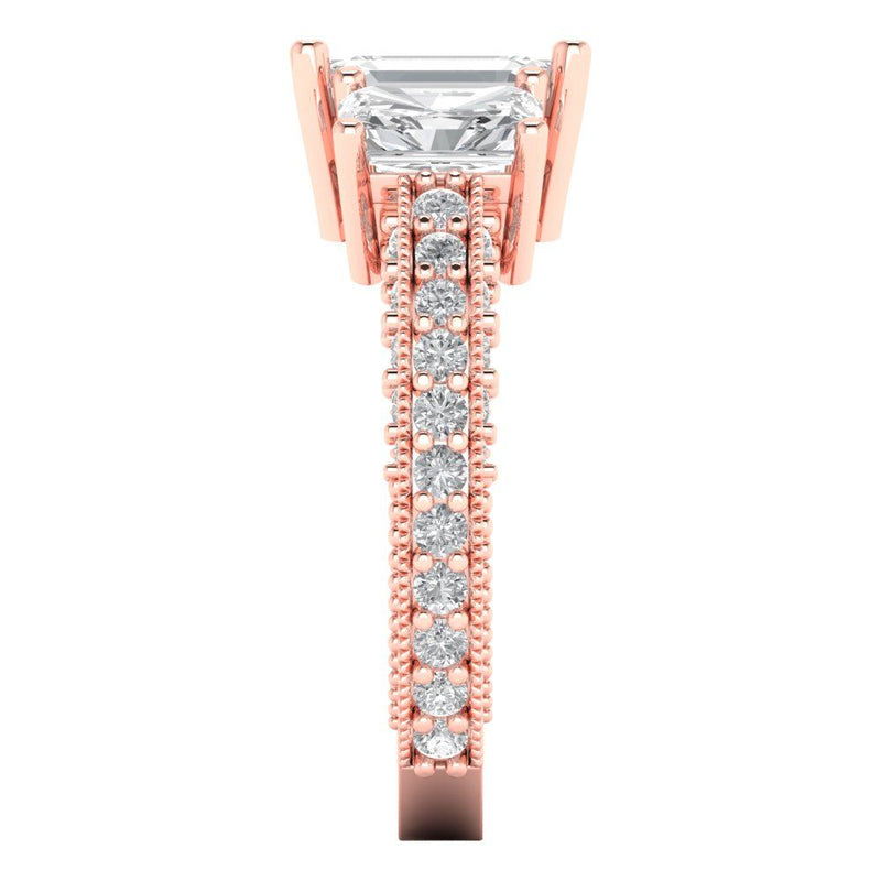 3.28 ct Brilliant Emerald Cut Natural Diamond Stone Clarity SI1-2 Color G-H Rose Gold Solitaire with Accents Three-Stone Ring