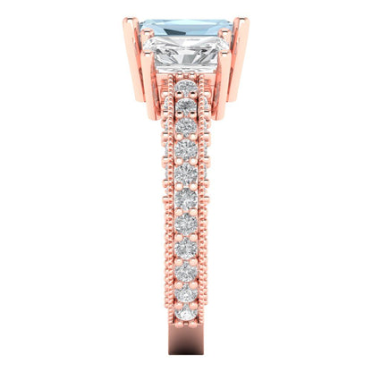 3.61 cttw Natural Aquamarine Three-Stone Engagement Ring - Solid Gold (Emerald Cut,8x6mm)