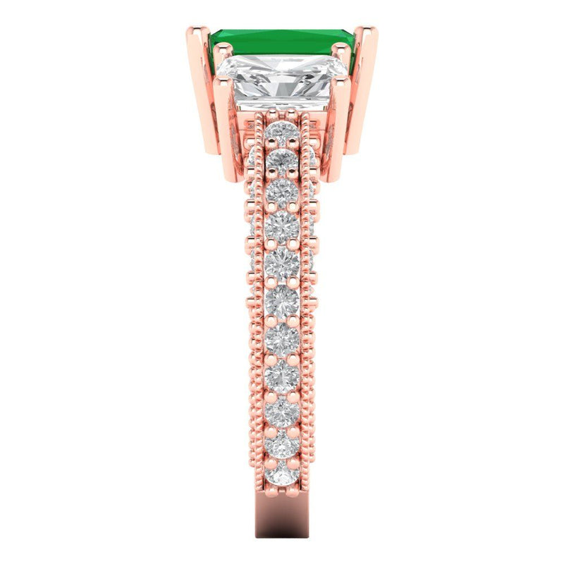 3.61 ct Brilliant Emerald Cut Simulated Emerald Stone Rose Gold Solitaire with Accents Three-Stone Ring