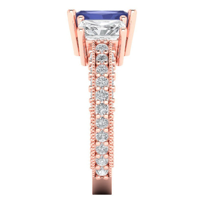 3.61 cttw Simulated Tanzanite Three-Stone Engagement Ring - Solid Gold (Emerald Cut,8x6mm)