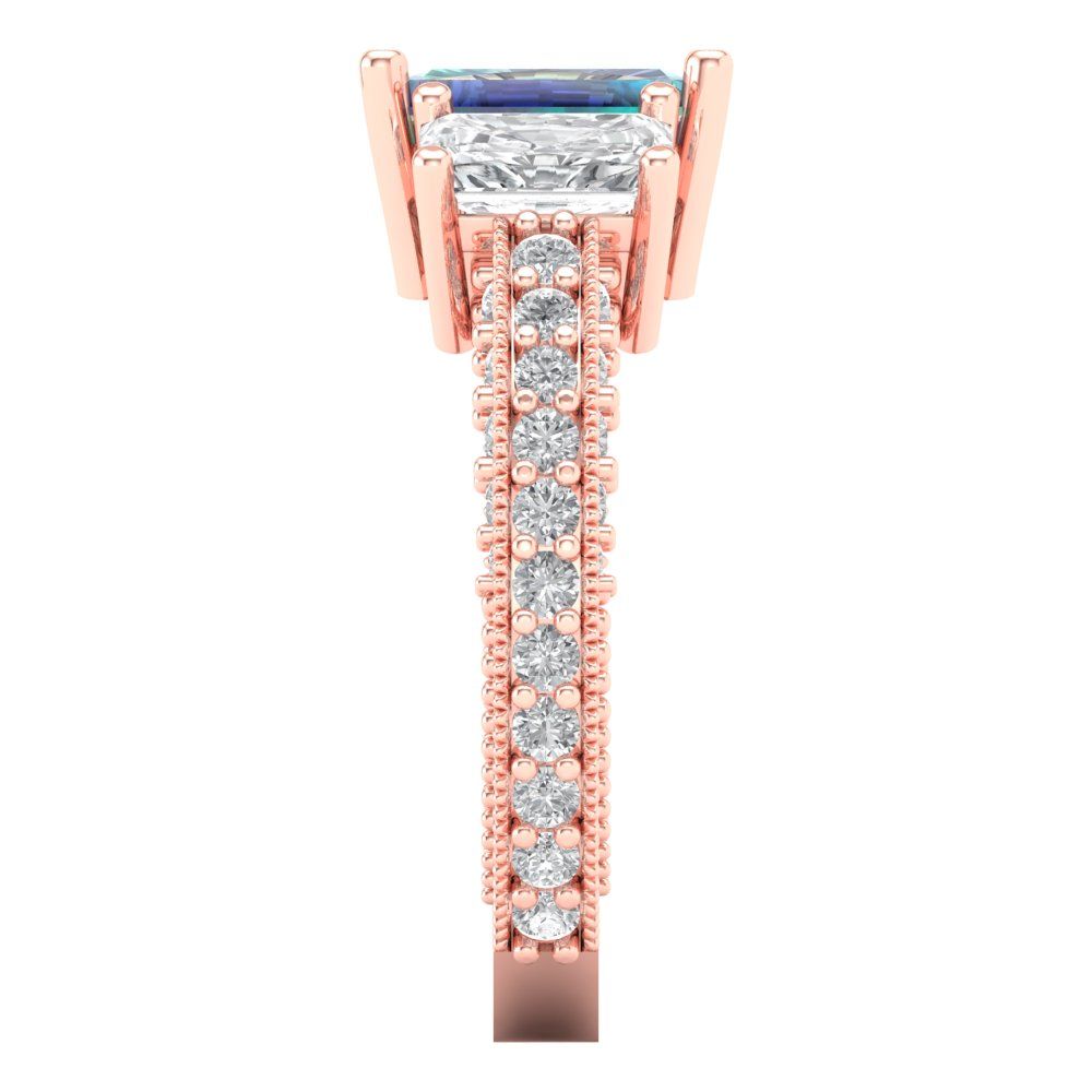 3.61 cttw Blue Moissanite Three-Stone Engagement Ring - Solid Gold (Emerald Cut,8x6mm)