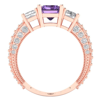 3.61 cttw Simulated Alexandrite Three-Stone Engagement Ring - Solid Gold (Emerald Cut,8x6mm)