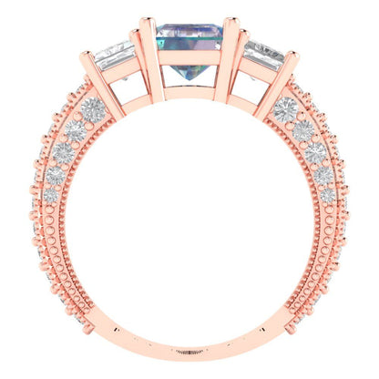 3.61 cttw Blue Moissanite Three-Stone Engagement Ring - Solid Gold (Emerald Cut,8x6mm)