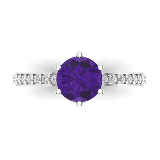 1.71 cttw Natural Amethyst Solitaire with Zirconia Simulated Diamond Accents Engagement Ring - Solid White Gold (VVS1, Round Cut,7.5mm)