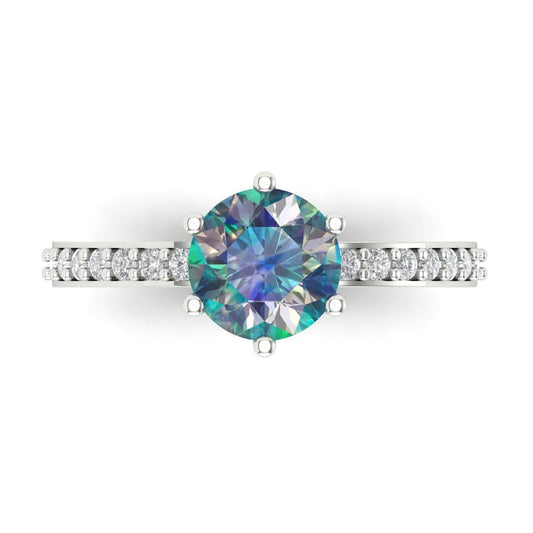 1.71 cttw Blue Moissanite Solitaire with Zirconia Simulated Diamond Accents Engagement Ring - Solid White Gold (VVS1, Round Cut,7.5mm)