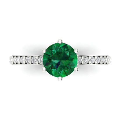 1.71 cttw Simulated Emerald Solitaire with Zirconia Simulated Diamond Accents Engagement Ring - Solid Gold (Round Cut,7.5mm)