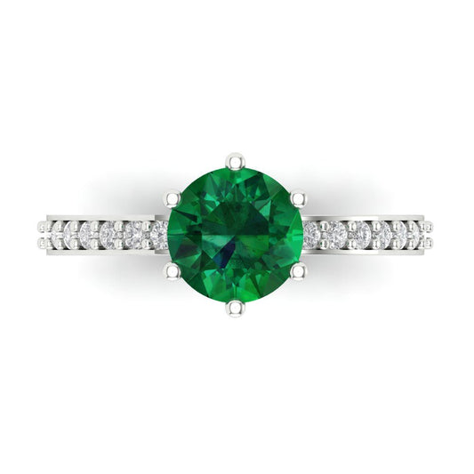 1.71 cttw Simulated Emerald Solitaire with Zirconia Simulated Diamond Accents Engagement Ring - Solid White Gold (VVS1, Round Cut,7.5mm)
