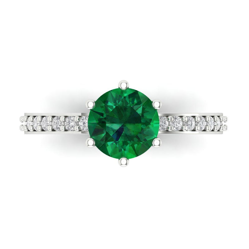 1.71 ct Brilliant Round Cut Simulated Emerald Stone White Gold Solitaire with Accents Ring