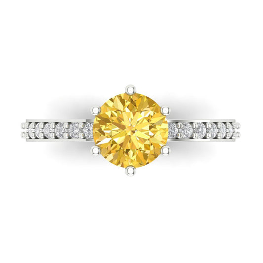 1.71 cttw Natural Citrine Solitaire with Zirconia Simulated Diamond Accents Engagement Ring - Solid White Gold (VVS1, Round Cut,7.5mm)