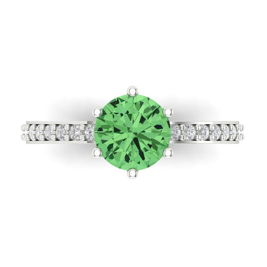 1.71 cttw Zirconia Simulated Green Diamond Solitaire with Zirconia Simulated Diamond Accents Engagement Ring - Solid White Gold (VVS1, Round Cut,7.5mm)